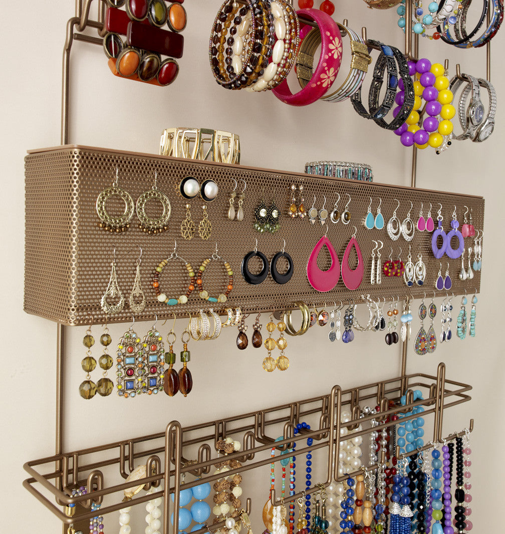 Bronze Over Door or Wall Hanging Jewelry Organizer with bracelets, earrings, and necklaces